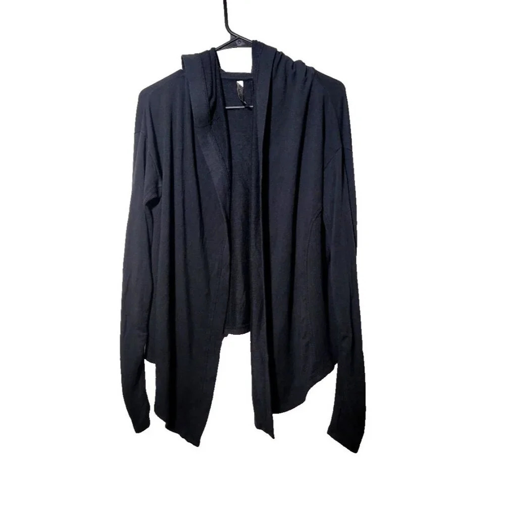 Athleta Nirvana Wrap Open Cardigan Small Black Athleisure Stretch Comfort Hooded